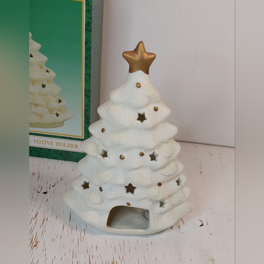 Vintage Matte Ceramic Christmas Tree Votive Holder White w Gold Star Decoration - Picture 6 of 11